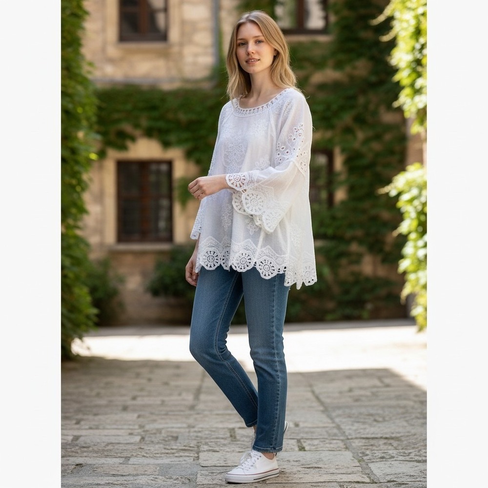 Democracy White Knit Cotton Bell Sleeve Cold Shoulder Crochet Boho Blouse Size L